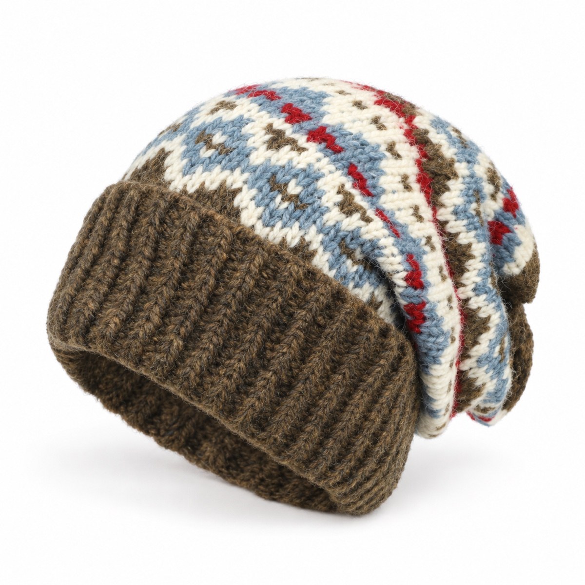 Olive Brown Fair Isle oversized slouchy beanie on a white studio background
