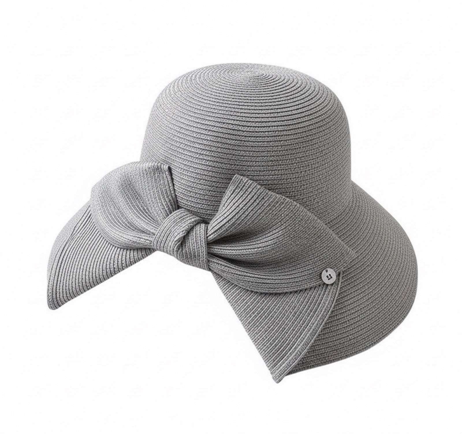 Wide Brim Straw Hat with Bow in Grey - Front View