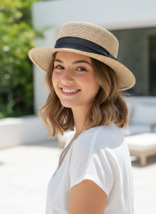 Flat Top Straw Fedora - Female Model Angled View
