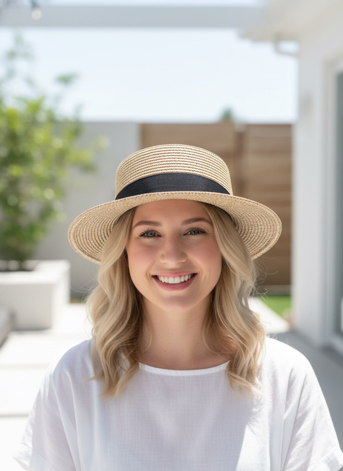 Flat Top Straw Fedora - Female Model Front View