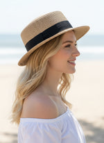 Flat Top Straw Fedora - Female Model Side View