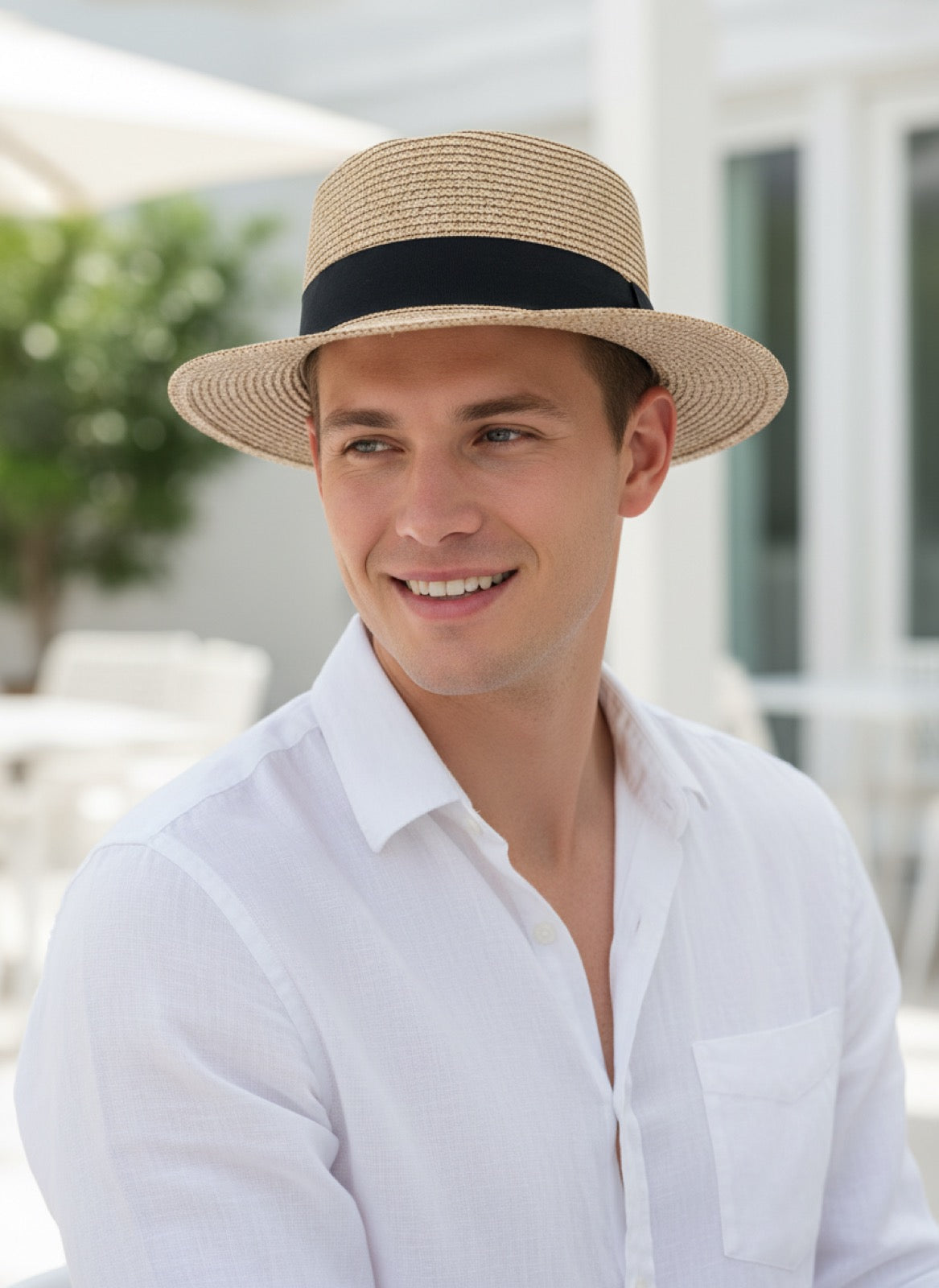 Flat Top Straw Fedora - Male Model Angled View