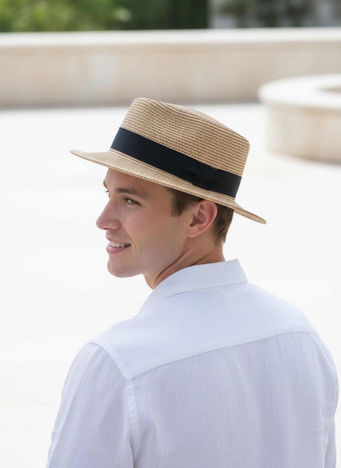 Flat Top Straw Fedora - Male Model Back View