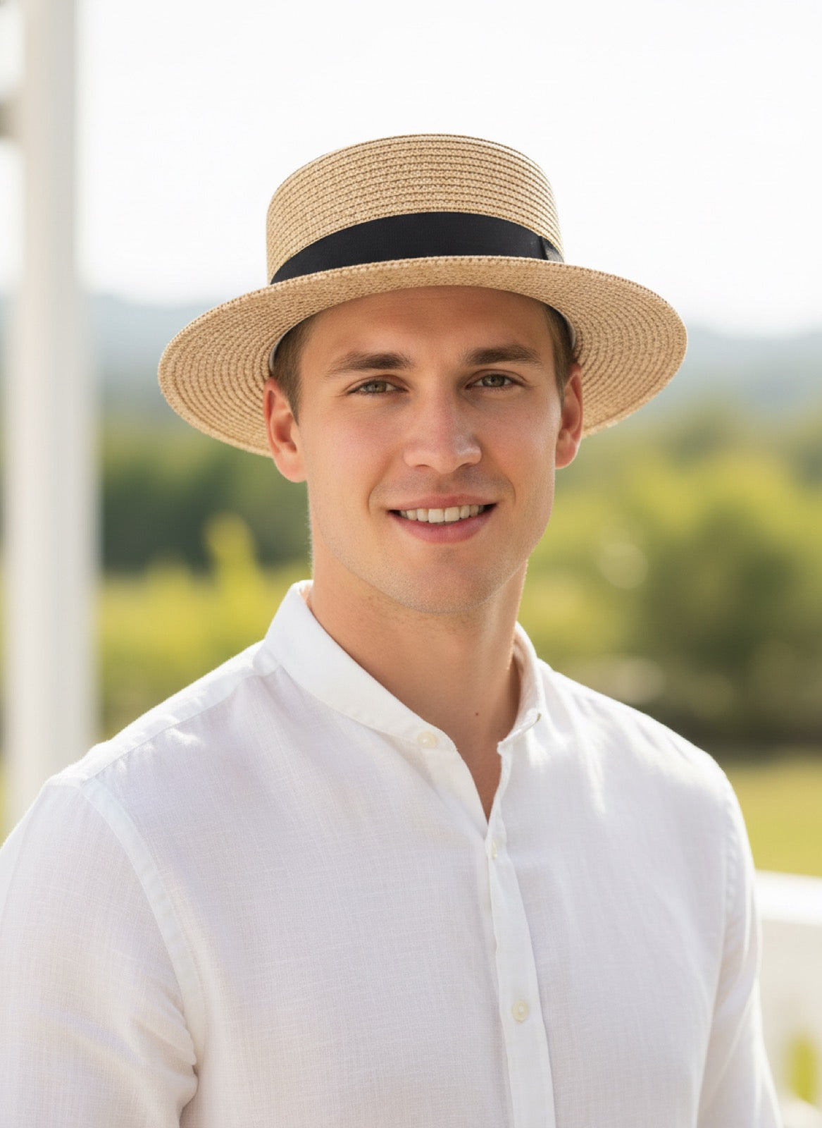 Flat Top Straw Fedora - Male Model Front View