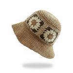 Flower Decorated Straw Bucket Hat in Beige with crochet flower pattern