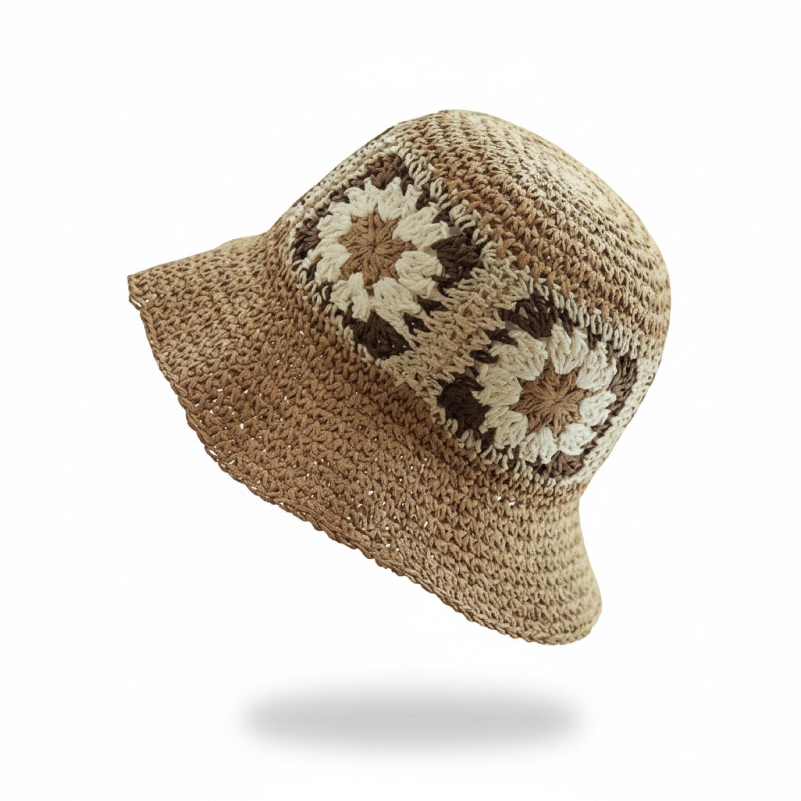 Flower Decorated Straw Bucket Hat in Beige with crochet flower pattern