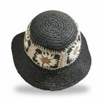 Flower Decorated Straw Bucket Hat in Black with crochet flower pattern