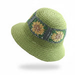 Flower Decorated Straw Bucket Hat in Green with crochet flower pattern