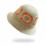 Flower Decorated Straw Bucket Hat in Khaki with orange crochet flower pattern