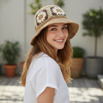 Woman wearing Flower Decorated Straw Bucket Hat three-quarter view