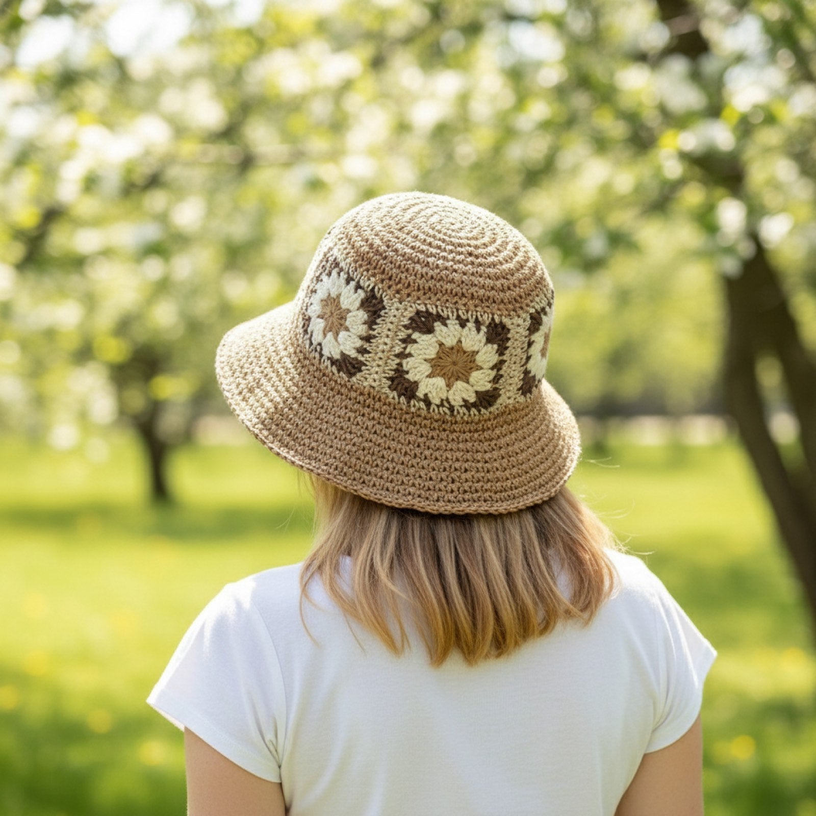 Woman wearing Flower Decorated Straw Bucket Hat back view