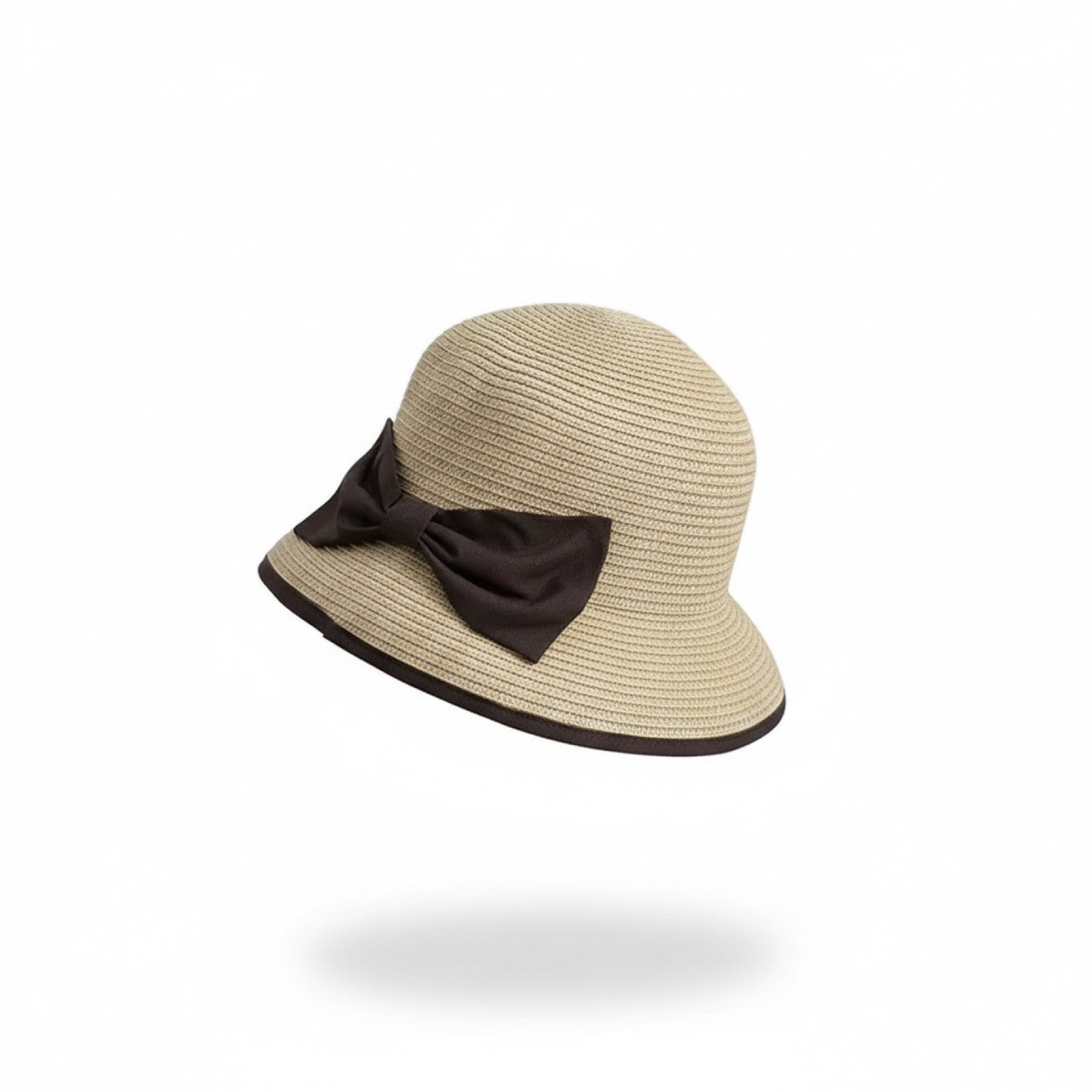 Foldable Natural Straw Sun Hat in Beige with brown bow
