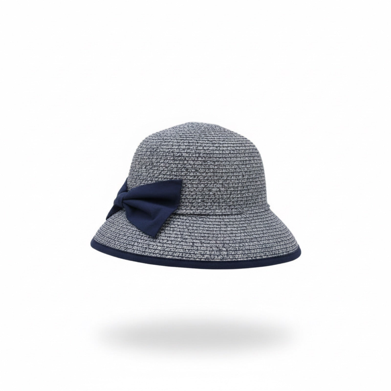 Foldable Natural Straw Sun Hat in Blue with navy bow