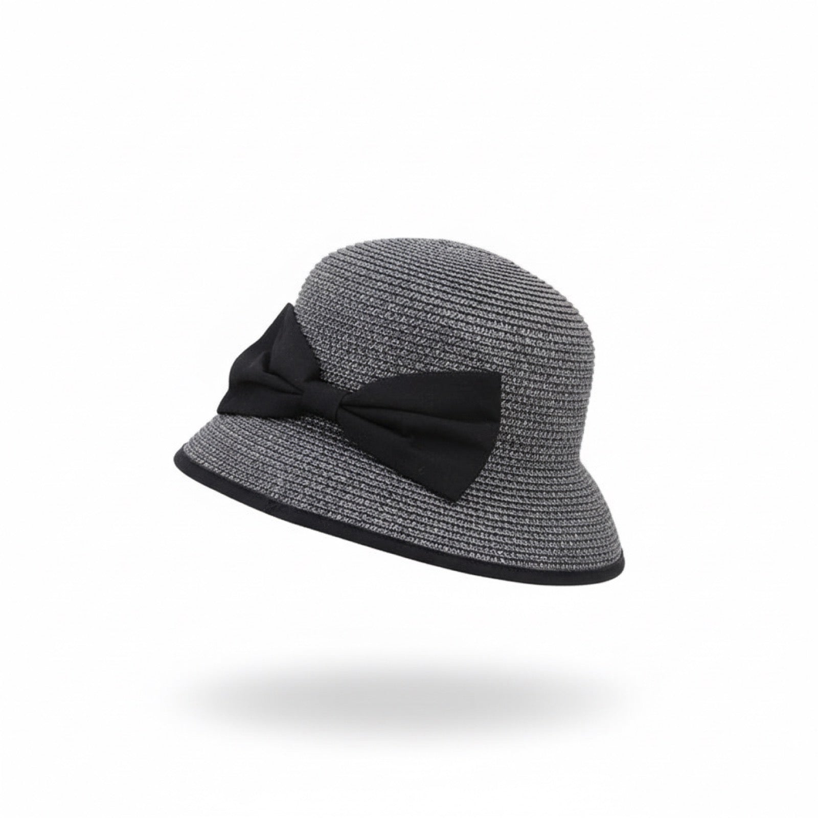 Foldable Natural Straw Sun Hat in Gray with black bow