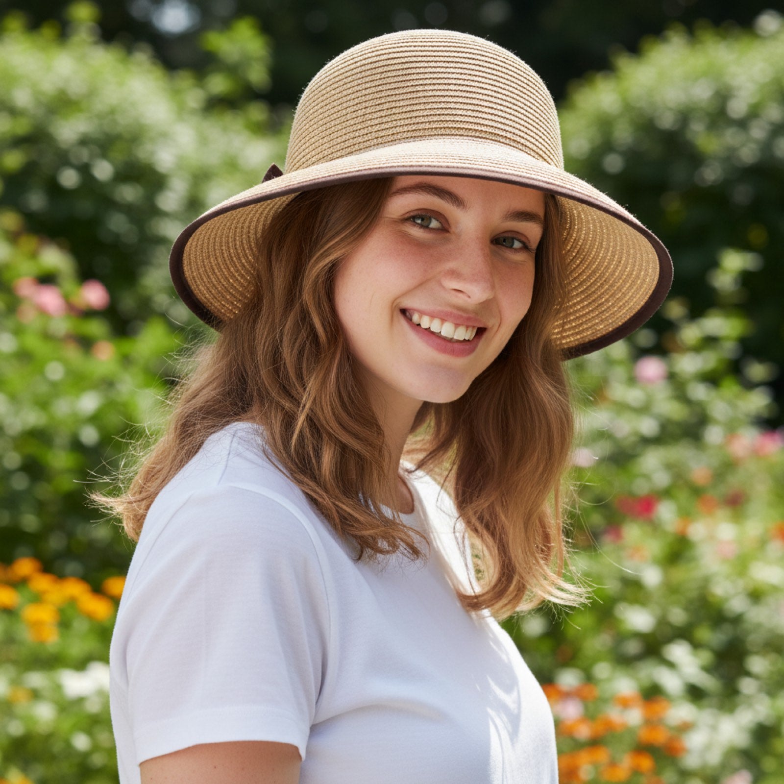 Woman wearing Foldable Natural Straw Sun Hat three-quarter view