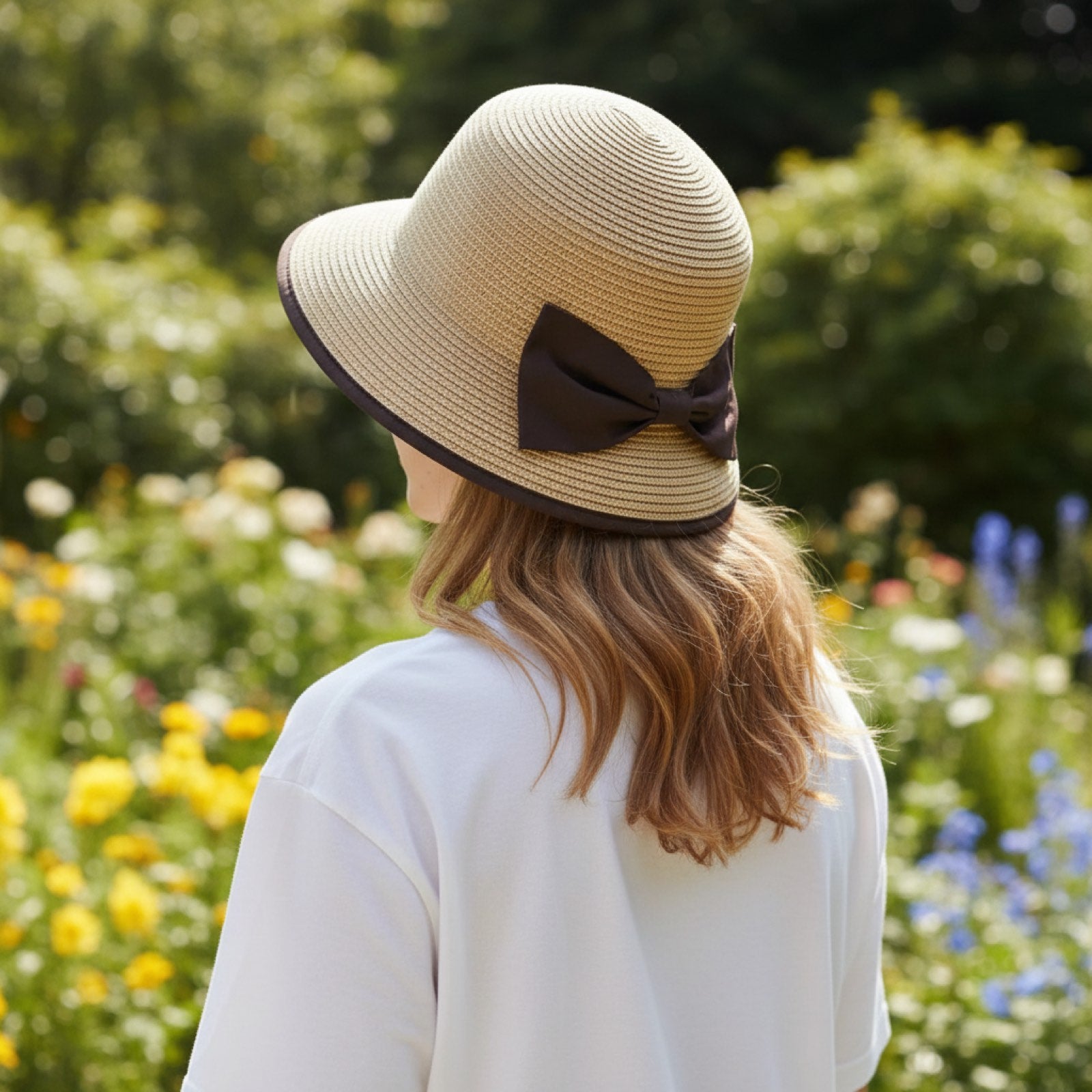 Woman wearing Foldable Natural Straw Sun Hat back view showing bow