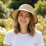Woman wearing Foldable Natural Straw Sun Hat front view