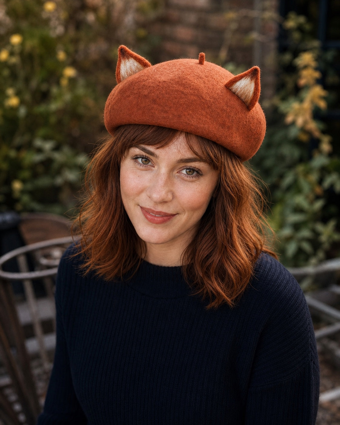 White model wearing the rust-brown wool fox-ear French beret from a slightly elevated front angle