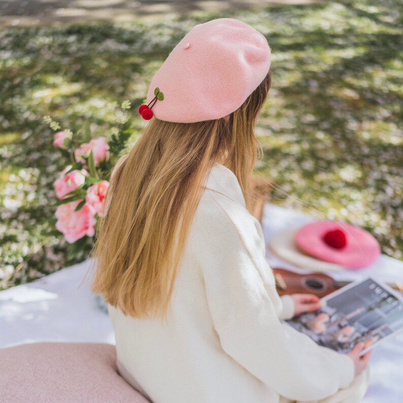 Cherry Wool Beret Hat for Women and Kids.