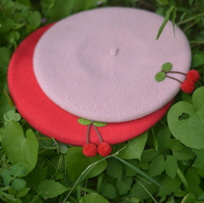 Cherry Wool Beret Hat for Women and Kids