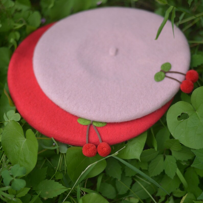 Cherry Wool Beret Hat for Women and Kids.