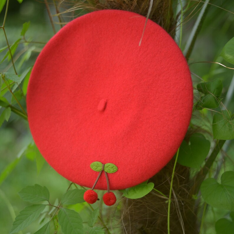 Cherry Wool Beret Hat for Women and Kids.