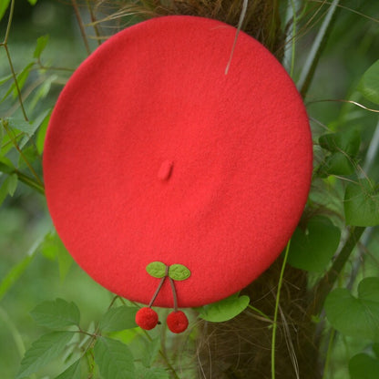 Cherry Wool Beret Hat for Women and Kids.