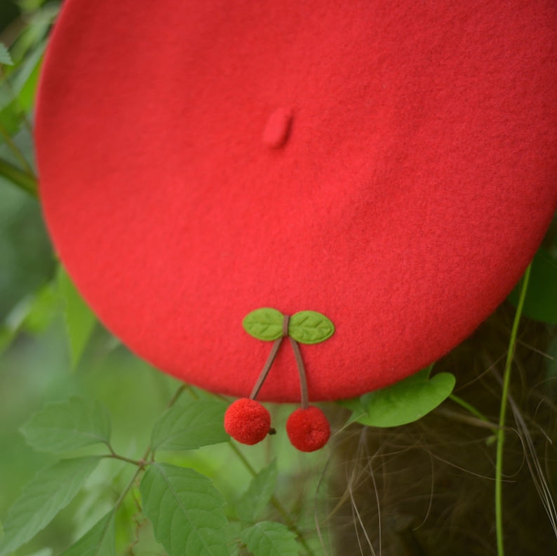 Cherry Wool Beret Hat for Women and Kids.