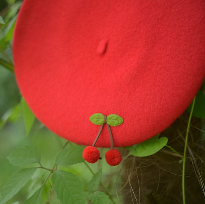 Cherry Wool Beret Hat for Women and Kids.