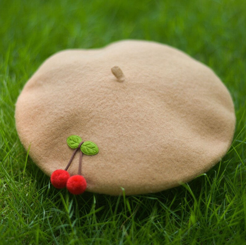 Cherry Wool Beret Hat for Women and Kids.