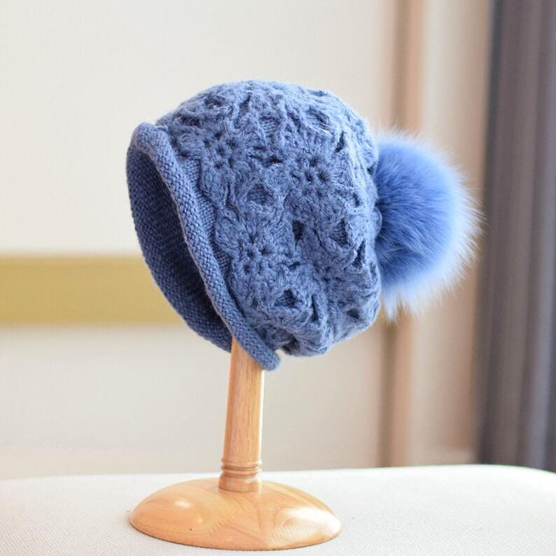 2 Way Knitted Beanie hat with Removable Pom Pom - Mspineapplecrafts