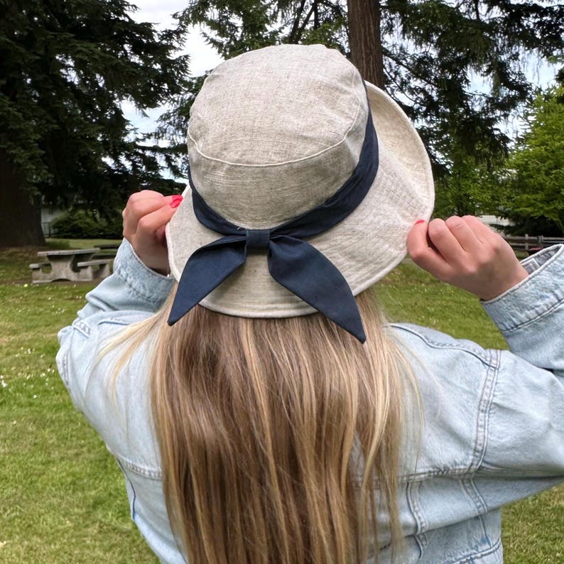 Cotton Linen Bow Bucket Hat — Wide Brim UPF 50+ Sun Hat for Women