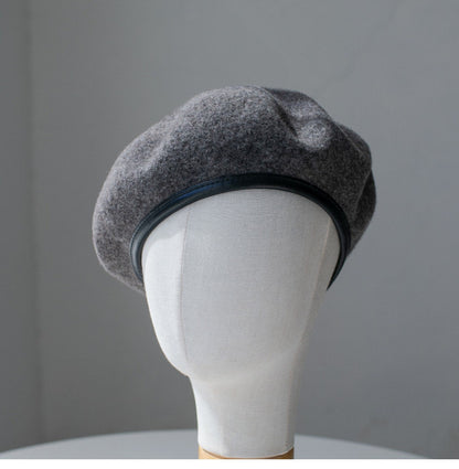 Neutral  Colour Wool Beret With Leather Rim for Women.