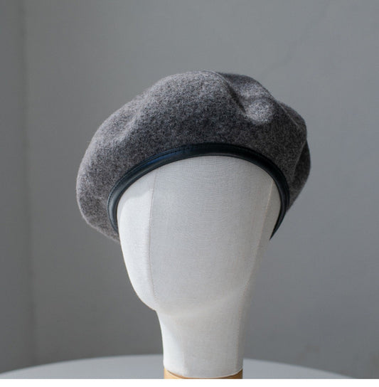 Neutral  Colour Wool Beret With Leather Rim for Women.