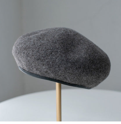 Neutral  Colour Wool Beret With Leather Rim for Women