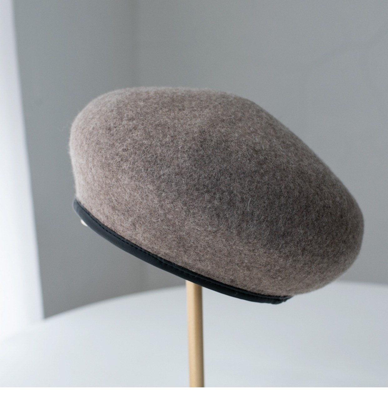 Neutral  Colour Wool Beret With Leather Rim for Women.