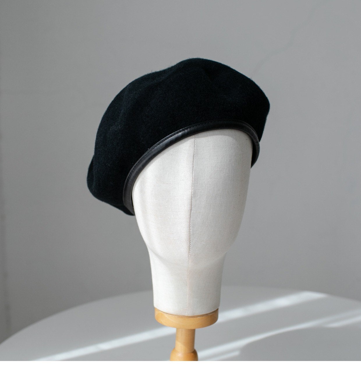 Neutral  Colour Wool Beret With Leather Rim for Women.