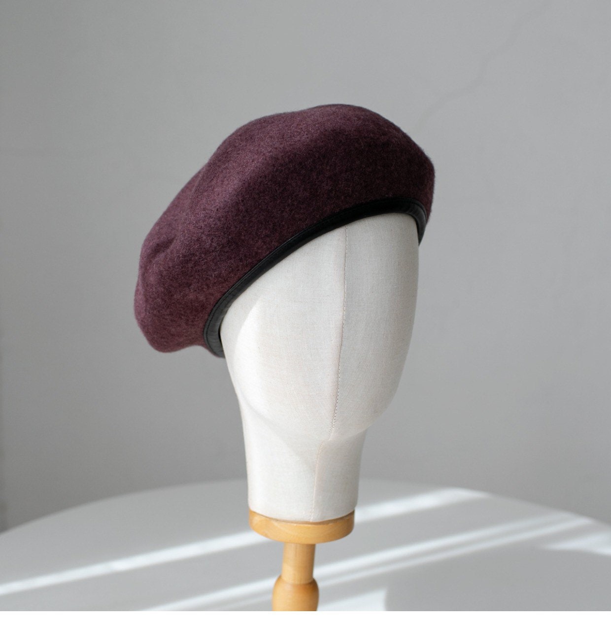 Neutral  Colour Wool Beret With Leather Rim for Women.