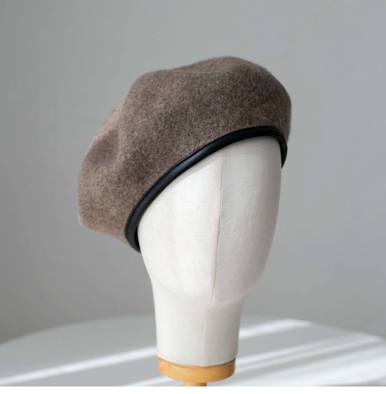 Neutral  Colour Wool Beret With Leather Rim for Women.