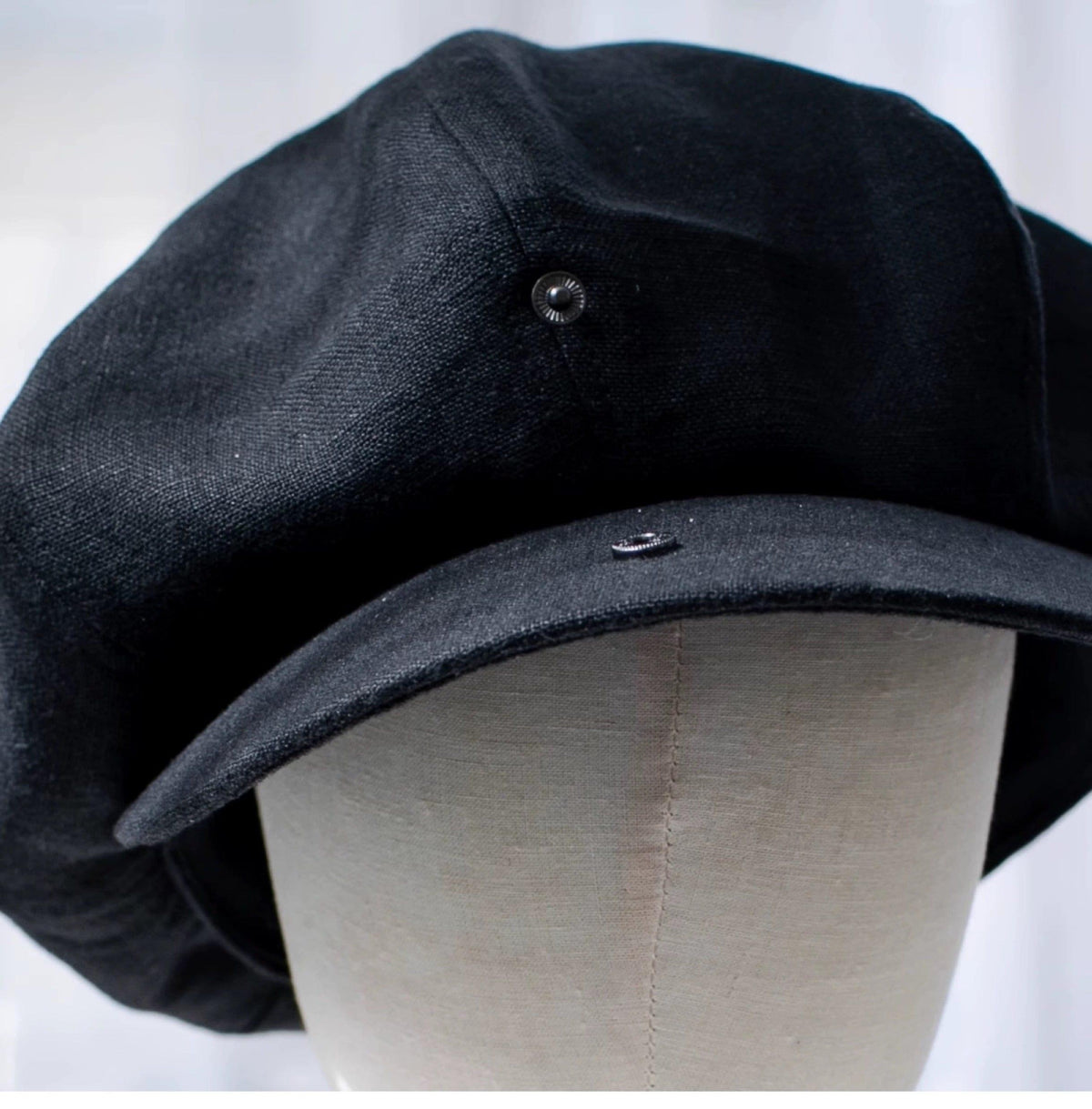 Black Linen Newsboy Cap Detail View Brim and Button - Mspineapplecrafts