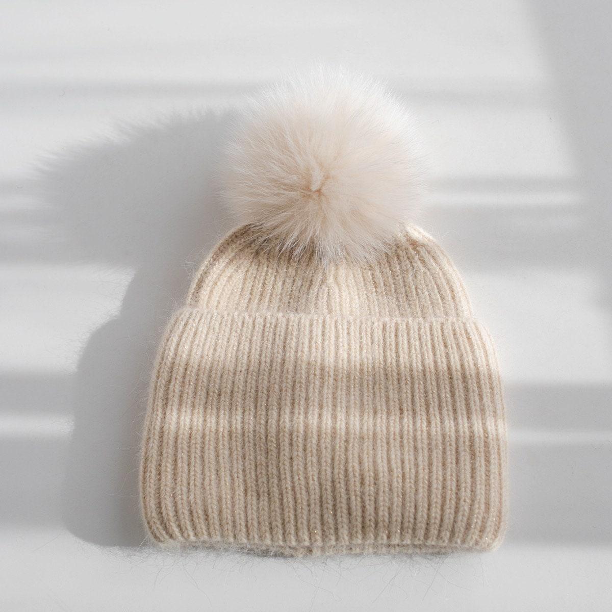 Knitted Beanie Hat with Removable Pom Pom - Mspineapplecrafts