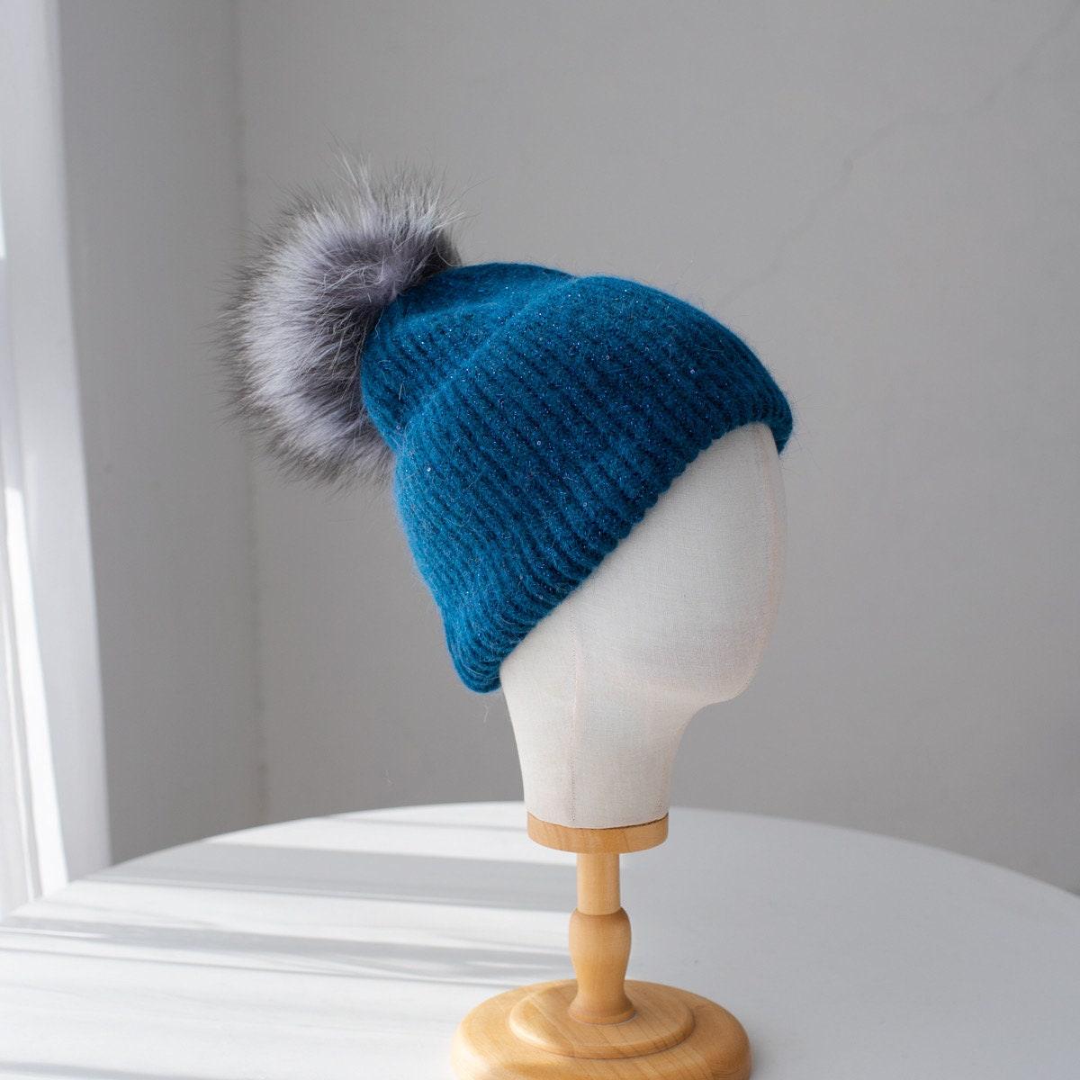 Knitted Beanie Hat with Removable Pom Pom - Mspineapplecrafts