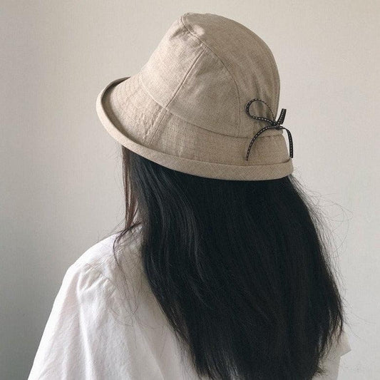 Cotton Wide Brim Bucket Hat with Bow Tie for Women