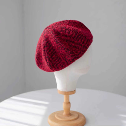 The Red Herringbone Winter Slouchy Wool Beret.
