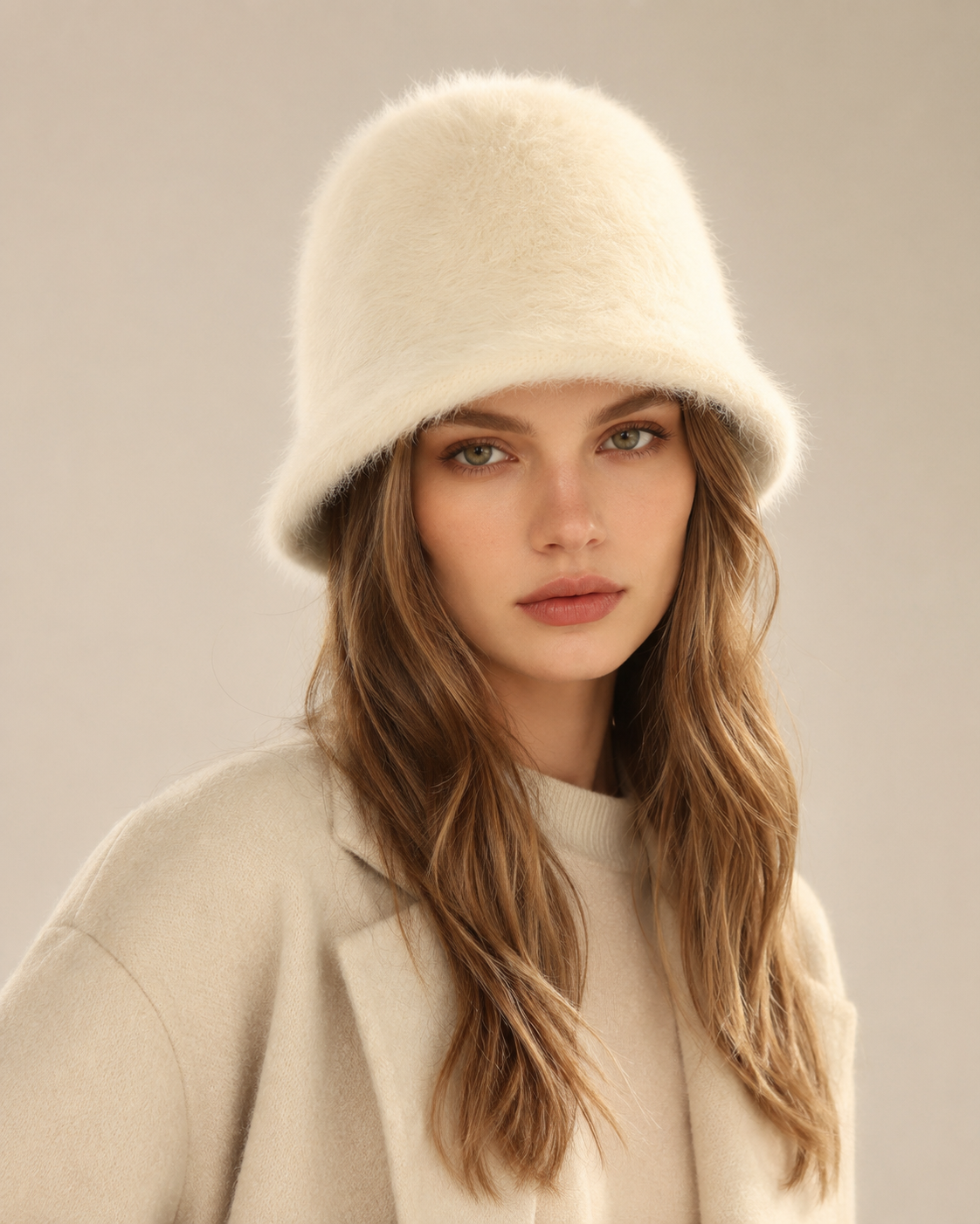Ivory cream rabbit-hair blend bucket hat on a woman, three-quarter view
