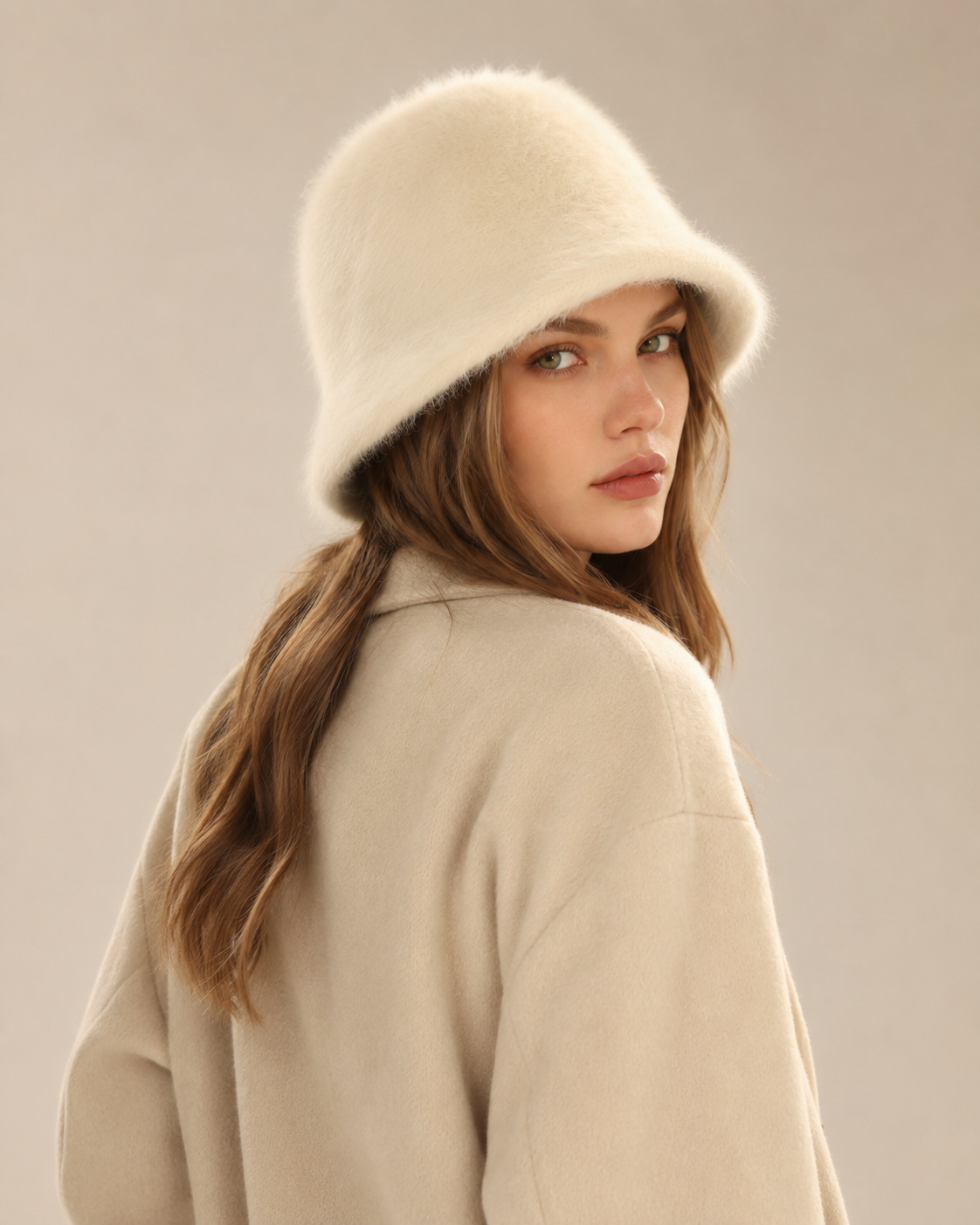 Ivory cream rabbit-hair blend bucket hat on a woman, back three-quarter view