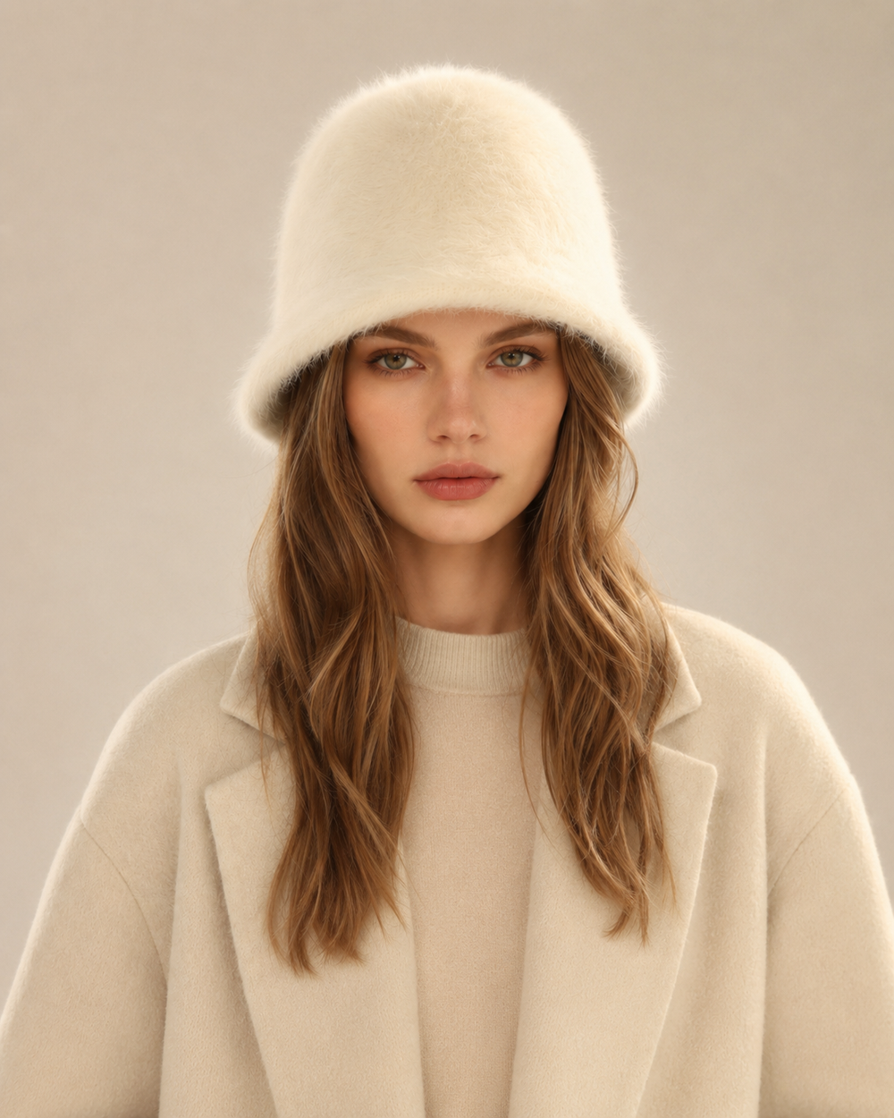 Woman wearing an ivory cream satin-lined rabbit-hair blend bucket hat, front view