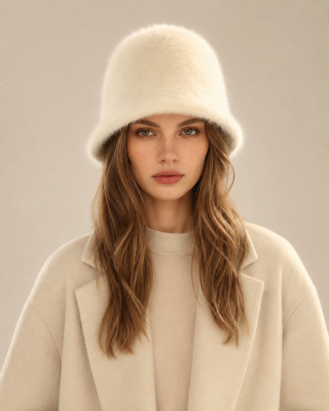 Woman wearing an ivory cream satin-lined rabbit-hair blend bucket hat, front view