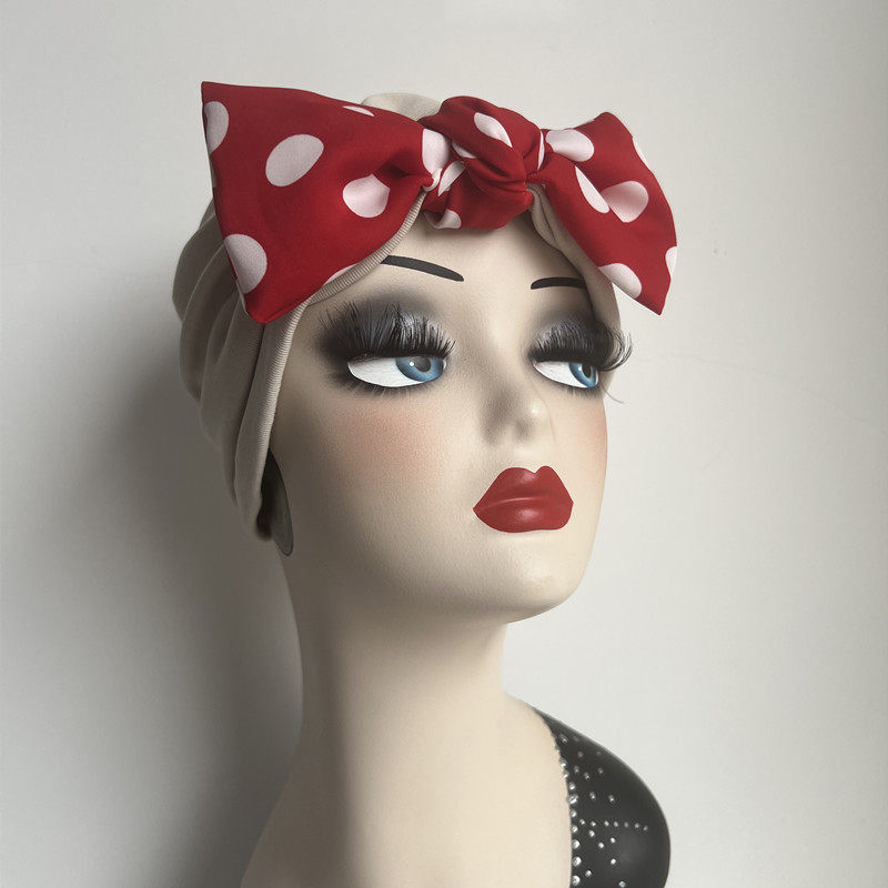 Khaki modal cotton turban hair wrap with red polka dot bow