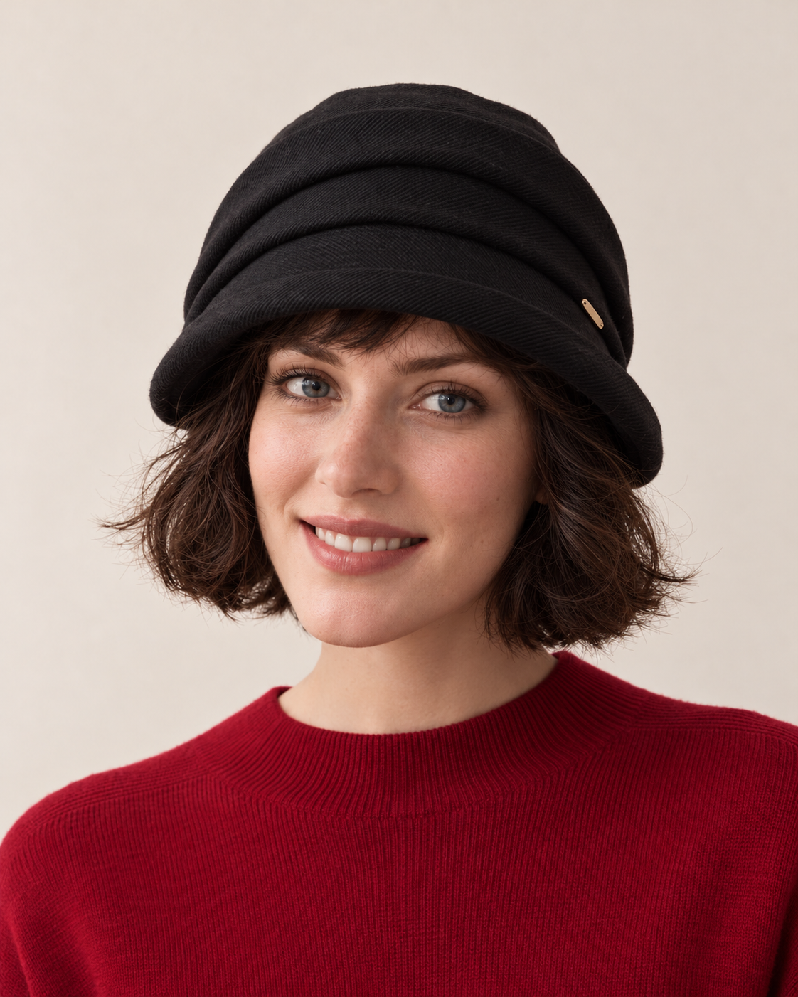 Layered twill cloche hat, black front